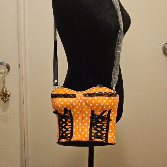 Y2K Bustier Corset Bag. Orange Polka-Dot With Black Ribbon Corset 7.5" x 9" - Picture 1 of 7